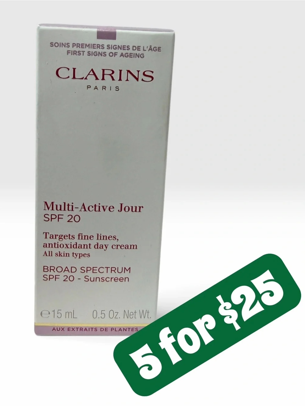 5 ITEMS FOR $25 • Clarins Multi-Active Jour SPF 20 - 15mL